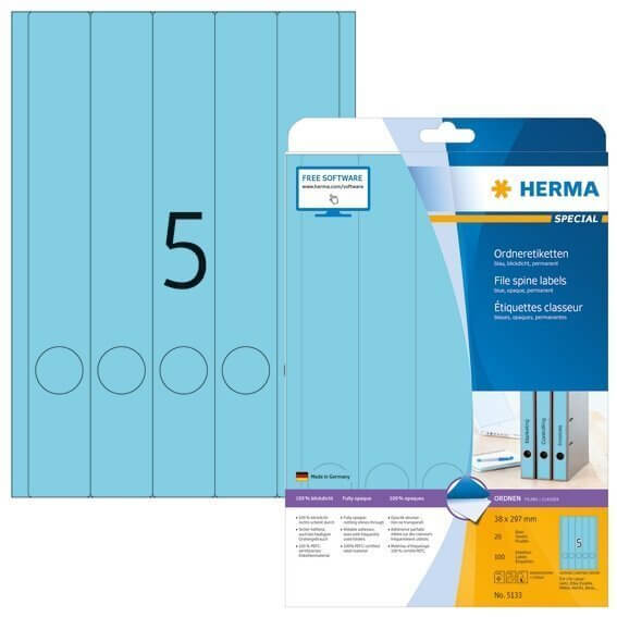 HERMA 5133 Ordneretiketten A4 38x297 mm blau Papier matt blickdicht 100 Stück