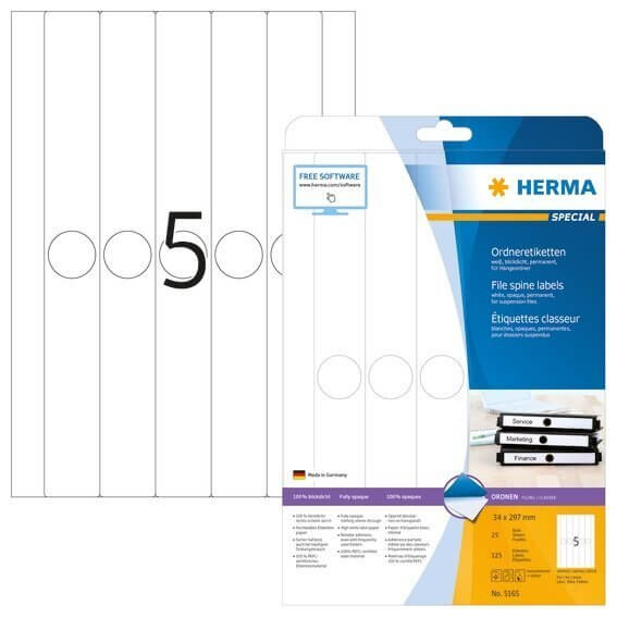 HERMA 5165 Hängeordneretiketten A4 34x297 mm weiß Papier matt blickdicht 125 Stück