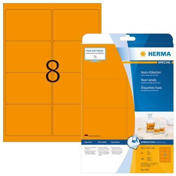 HERMA 5145 Neonetiketten A4 991x677 mm neon-orange Papier matt 160 Stück