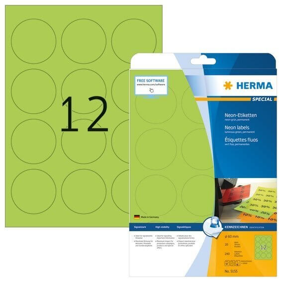 HERMA 5155 Neonetiketten A4 Ø 60 mm rund neon-grün Papier matt 240 Stück