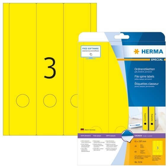 HERMA 5136 Ordneretiketten A4 61x297 mm gelb Papier matt blickdicht 60 Stück