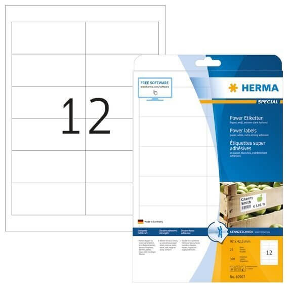 HERMA 10907 Etiketten A4 97x423 mm weiß extrem stark haftend Papier matt 300 Stück