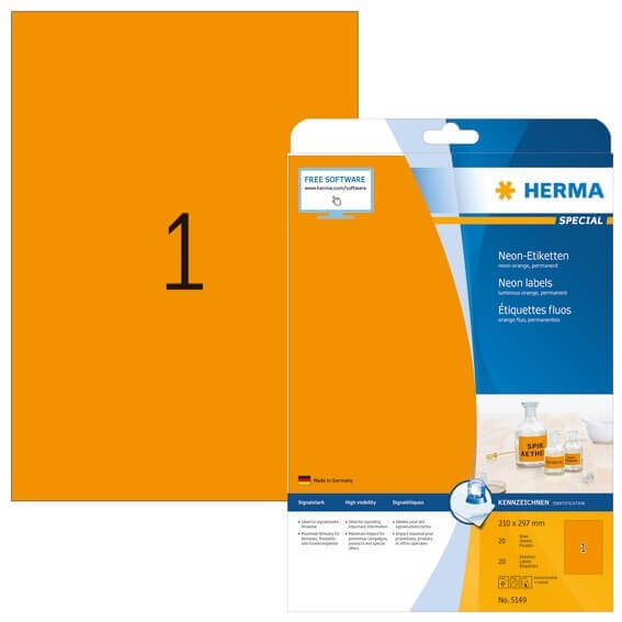 HERMA 5149 Neonetiketten A4 210x297 mm neon-orange Papier matt 20 Stück